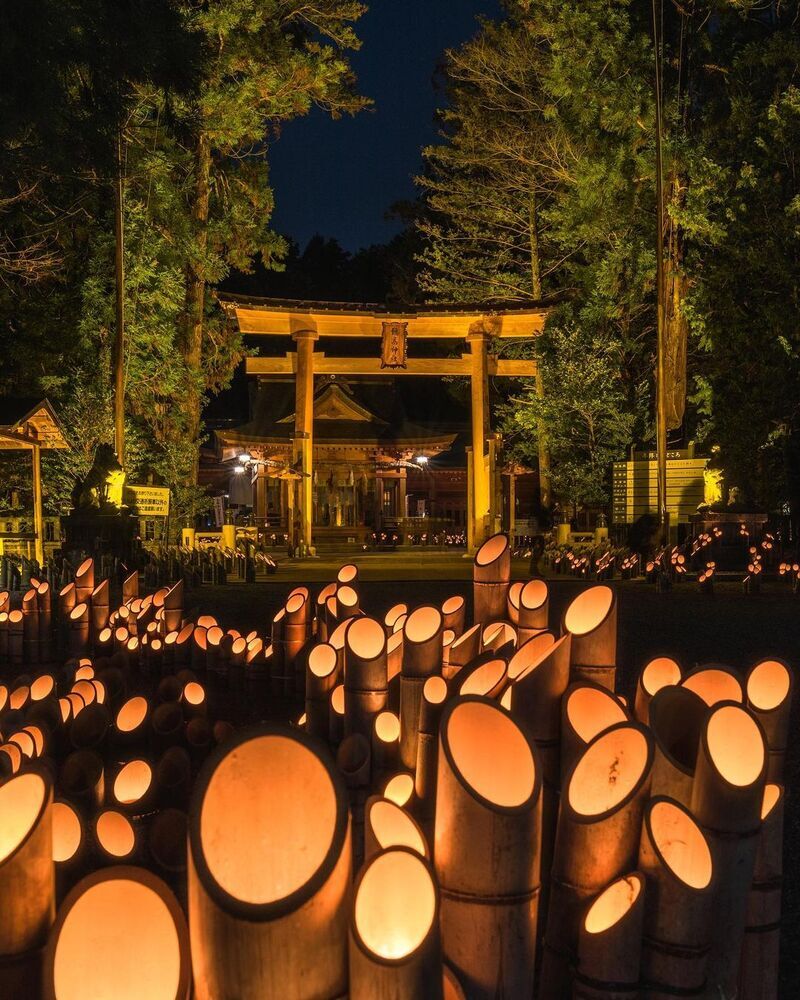 1万本もの竹の中であたたかな光が揺れる「安曇野神竹灯」。冬の澄んだ空気の中でみる幻想的な絶景です